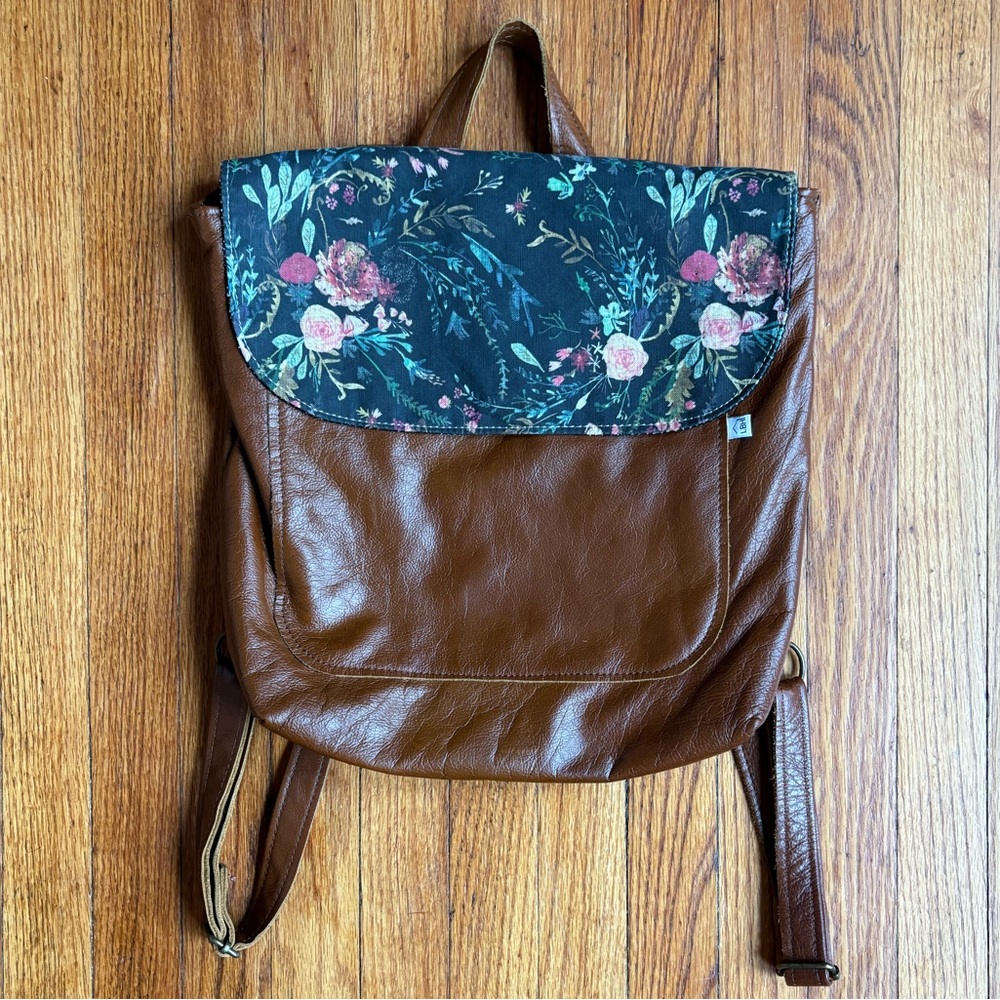Floral and Brown Faux Leather Backpack